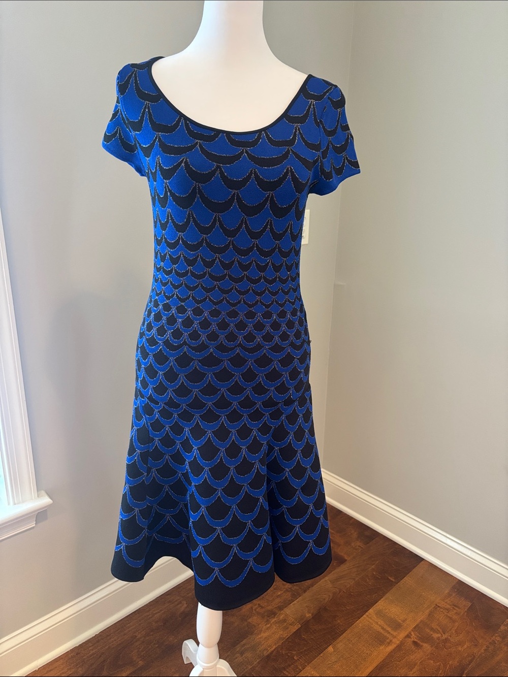 Diane Von Furstenberg Blue and Black Scoop Neck Fit-and-Flare Dress